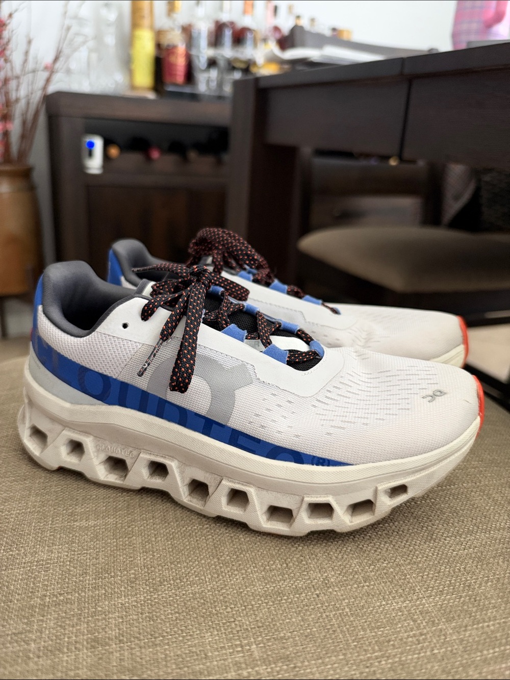 On Running Women's Cloudmonster Running Shoes in White, Blue & Black